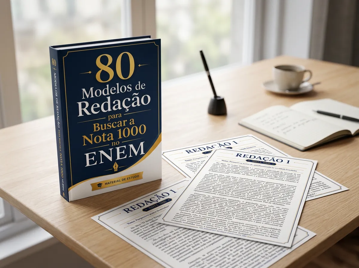 Kit +80 Redações Modelo ENEM Nota 1000 impresso sobre a mesa